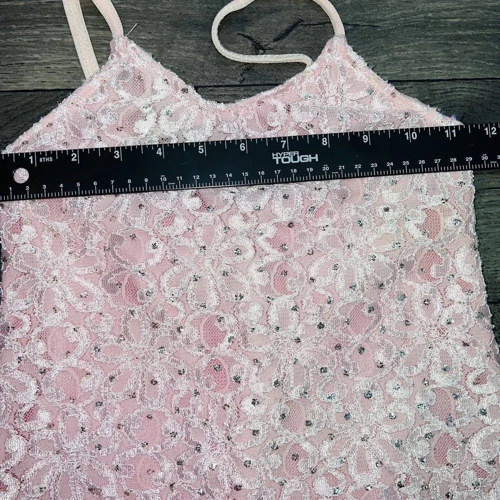 Vintage Pink Lace Dance Dress Silver Glitter Overlay Stretch Girls S Y2K Costume